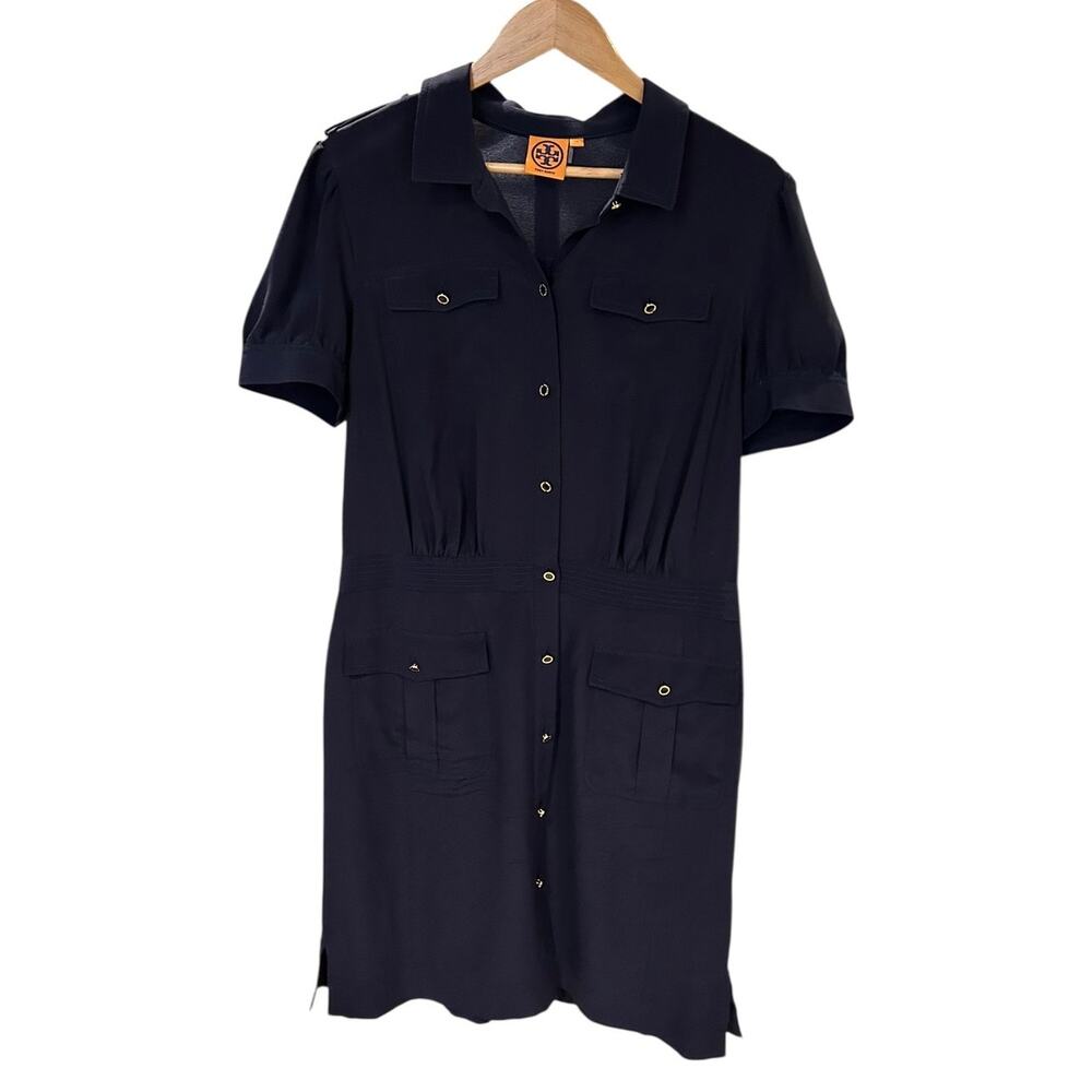 TORY BURCH Black Gennifer Military Utility 100% Silk Mini Dress Women's Size 14 - Picture 2 of 12